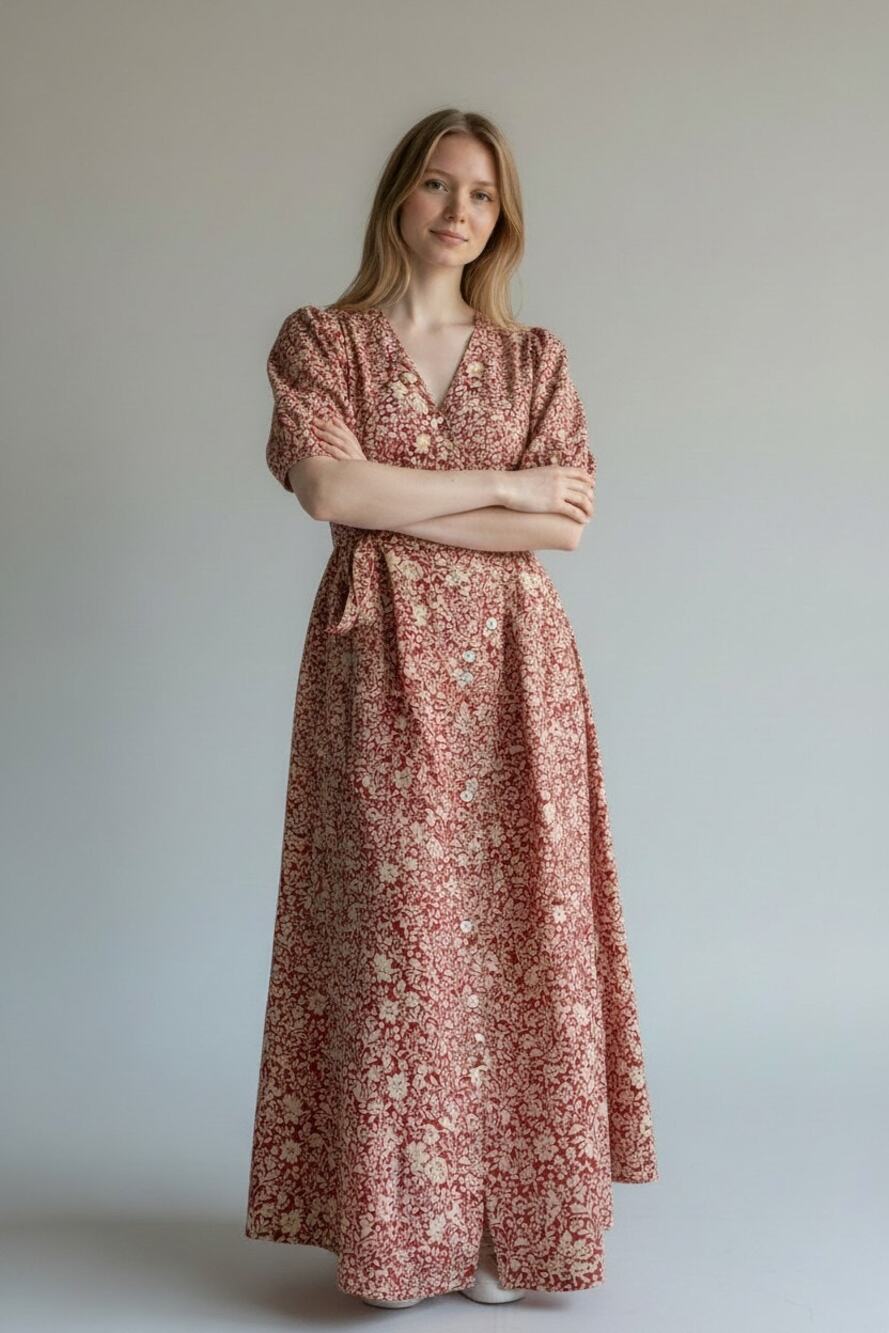 NWT Faherty Carmel Dress Womens Large Tandoori Red Button-Front Floral Tie Waist